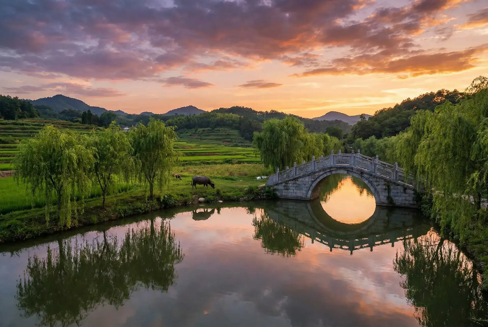 夕阳下的石拱桥与垂柳，水牛在河边吃草 - 16658 乡村美景
